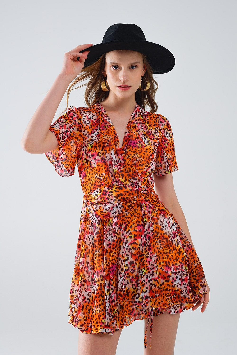 Short Orange Multicolored Dress With Crossed Top with Animal Print