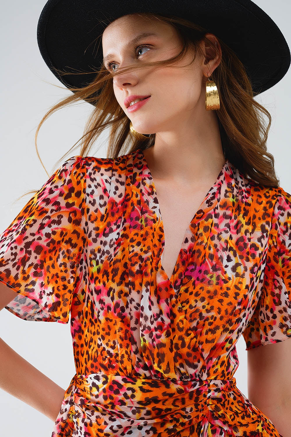 Short Orange Multicolored Dress With Crossed Top with Animal Print