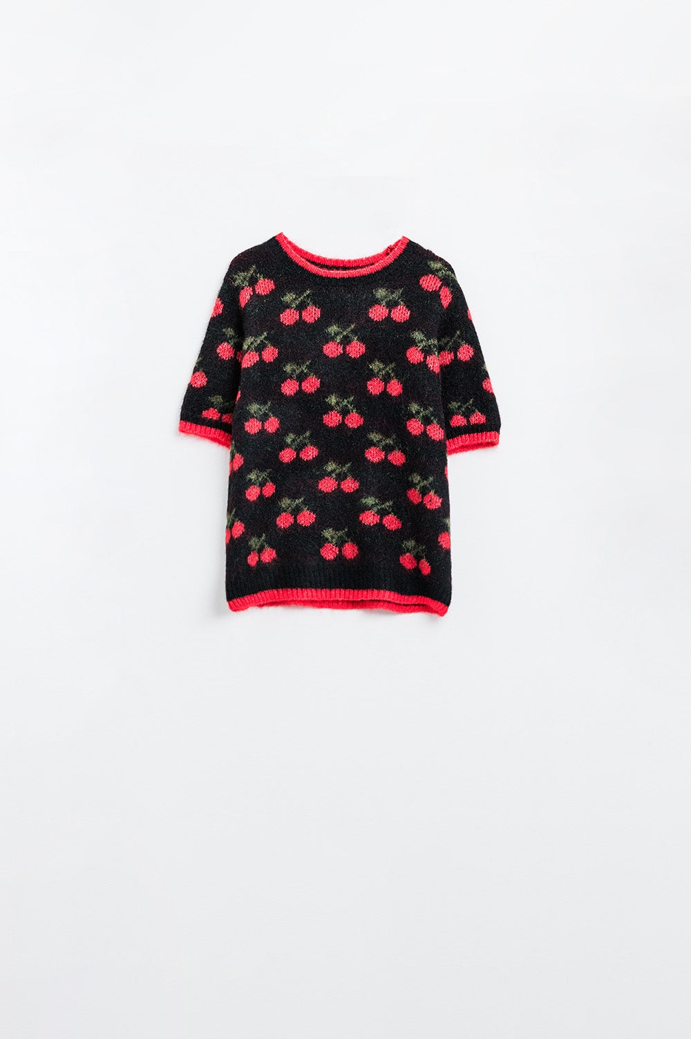 Q2 short sleeve black sweater with cherry print