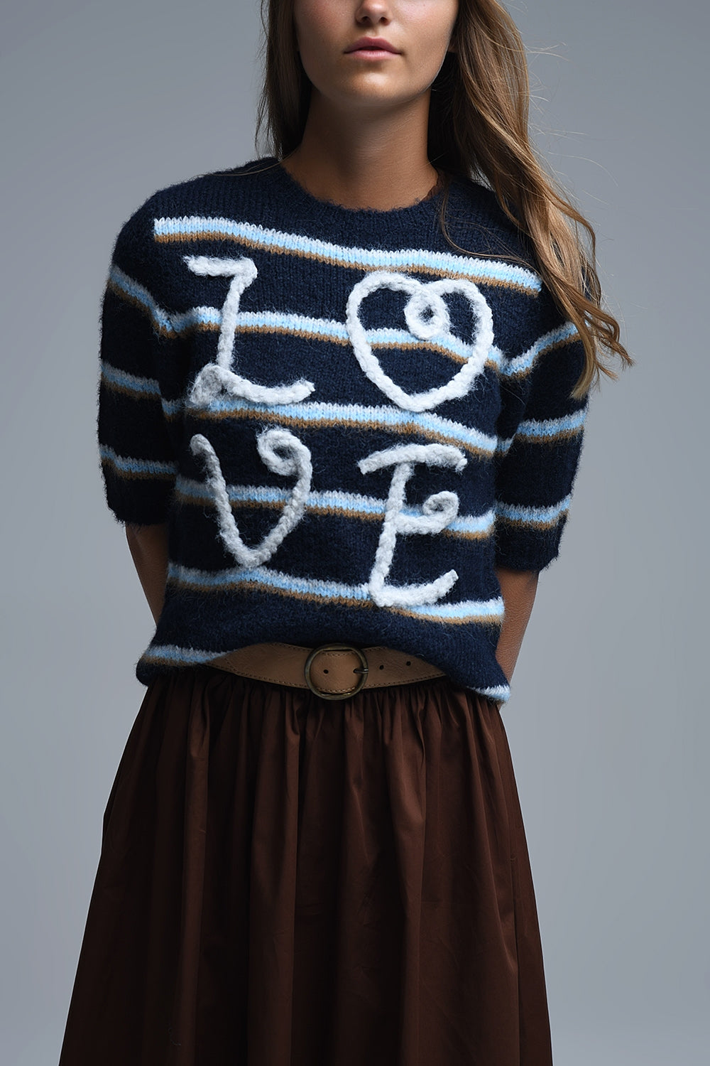 Short Sleeve Embroidered Love Sweater in navy