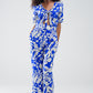 Q2 Short Sleeve Key Hole Front Floral Jumpsuit In Blue