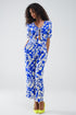 Q2 Short Sleeve Key Hole Front Floral Jumpsuit In Blue