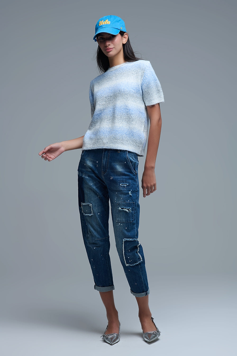 Short Sleeve Ombré Striped Sweater in Blue