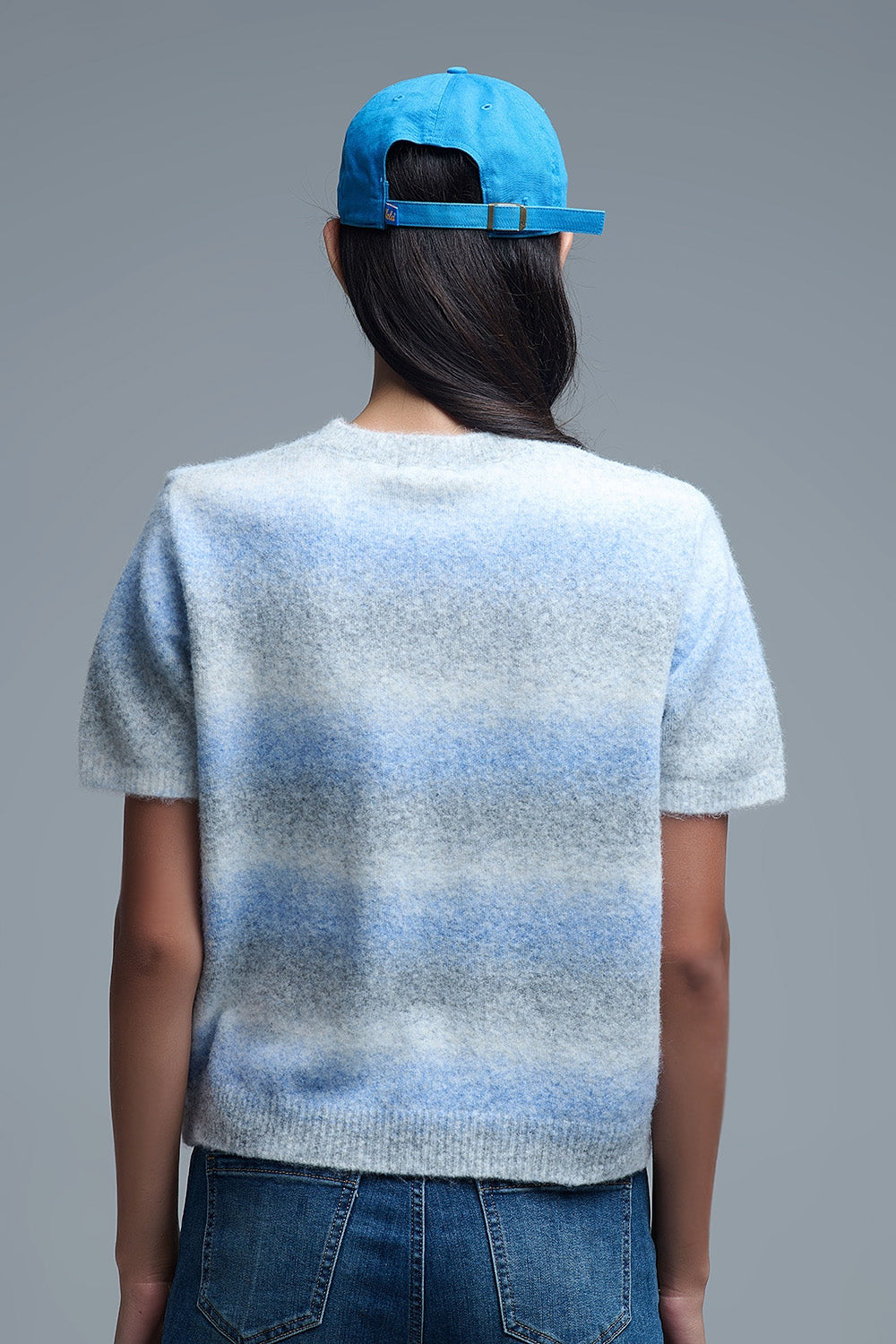 Short Sleeve Ombré Striped Sweater in Blue