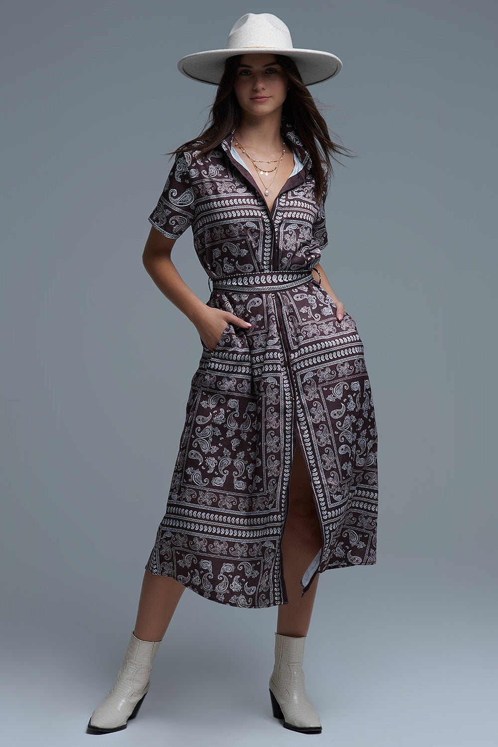 Short Sleeve Paisley Print Shirt Dress in brown
