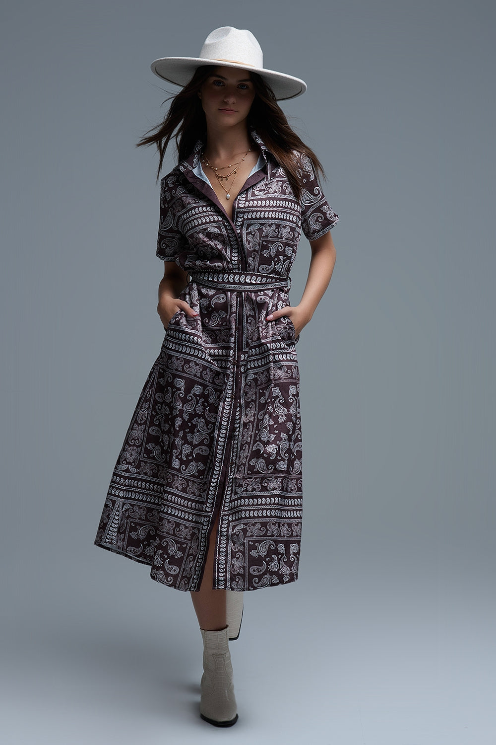 Short Sleeve Paisley Print Shirt Dress in brown