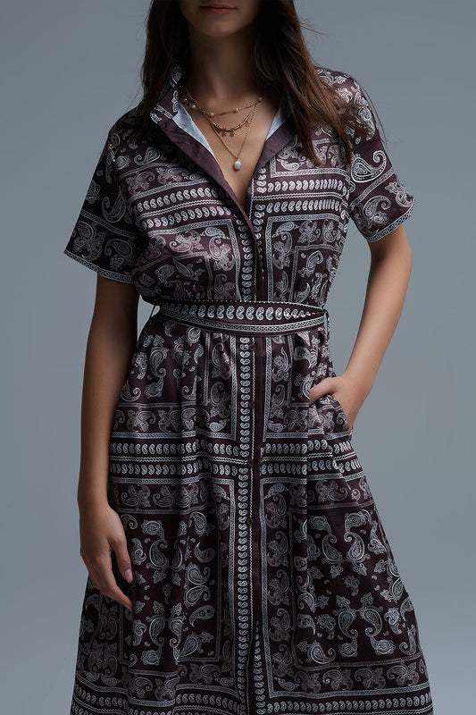 Short Sleeve Paisley Print Shirt Dress in brown