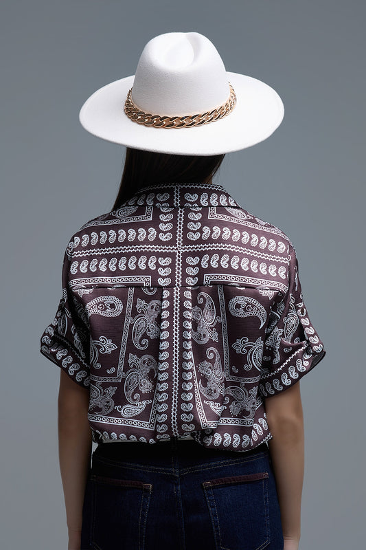 Short Sleeve Paisley Print Shirt in Brown