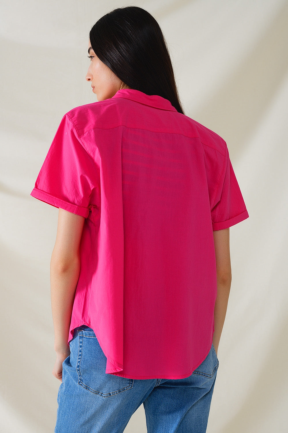 Short Sleeve Relaxed Button Up Shirt in Fuchsia