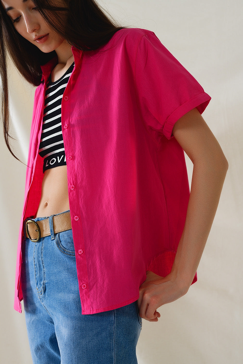 Short Sleeve Relaxed Button Up Shirt in Fuchsia