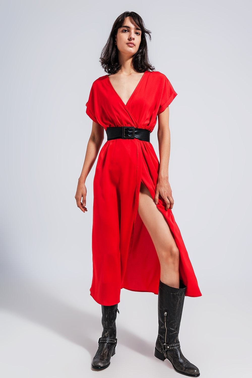 Q2 Short sleeve satin maxi dress in red