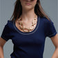 Q2 Short Sleeve sweater In navy With Silver Seam at Round Neck