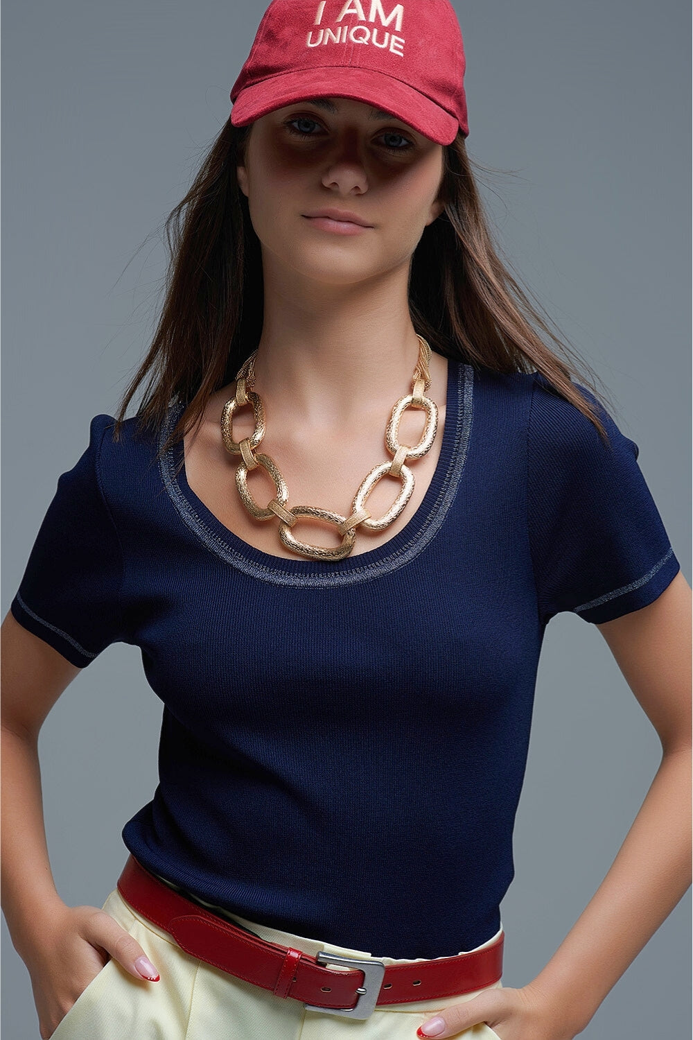 Q2 Short Sleeve sweater In navy With Silver Seam at Round Neck