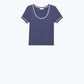 Short Sleeve sweater In navy With Silver Seam at Round Neck