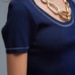 Short Sleeve sweater In navy With Silver Seam at Round Neck