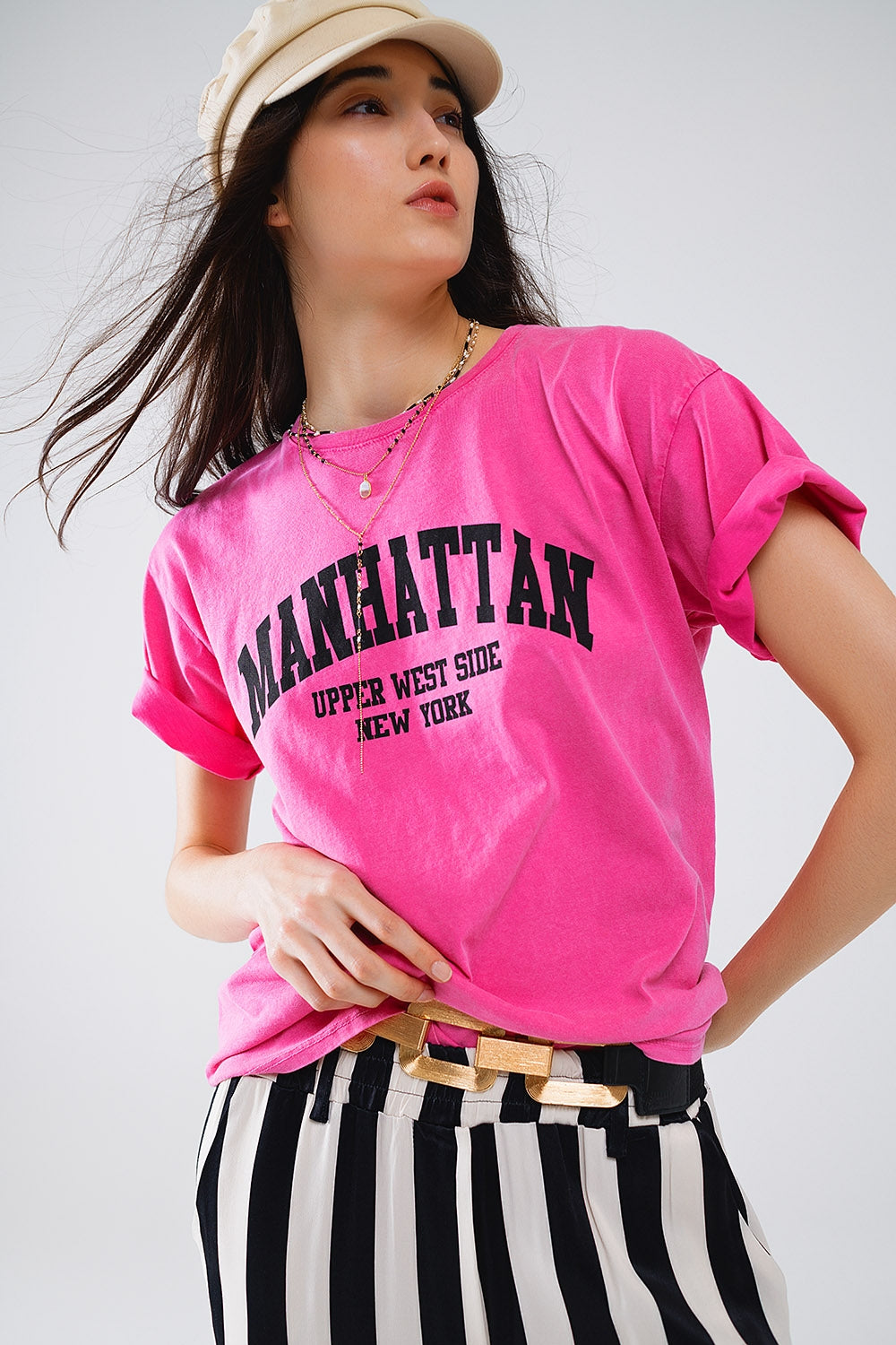 Short Sleeve T-shirt With Graphic Text Manhattan In Pink