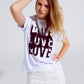 Q2 Short Sleeve T-shirt with Love Text on Front in white