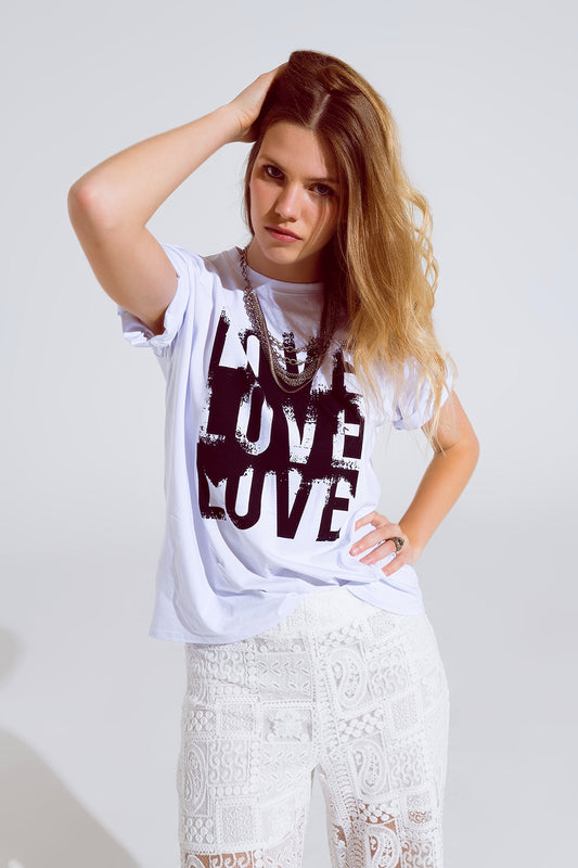 Q2 Short Sleeve T-shirt with Love Text on Front in white