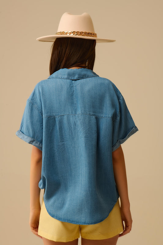 Short Sleeve Tencel Shirt With Chest Pocket in Blue