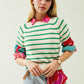 Q2 Short sleeves white knit sweater with green stripes