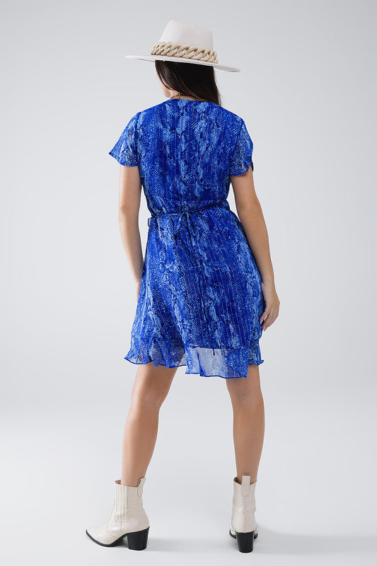 Short Wrap Dress in blue animal printed and Gold lurex