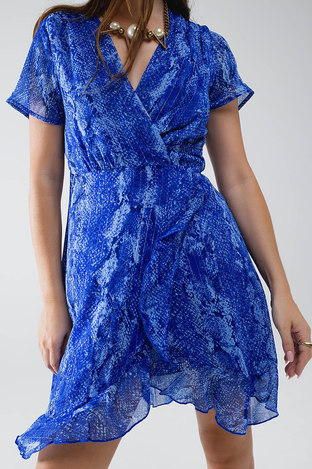 Short Wrap Dress in blue animal printed and Gold lurex