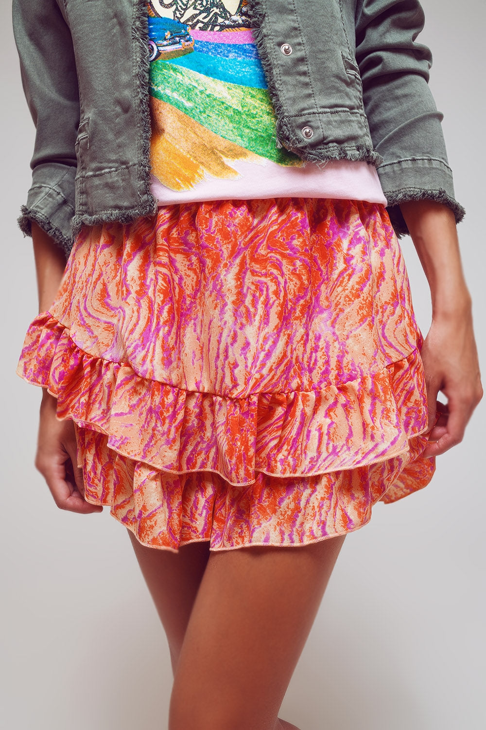 Shorts With Frilly Hem In Abstract Zebra Print In Orange And Fuchsia