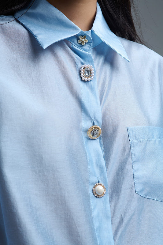 Silky Loose Shirt With Button Medley in Blue