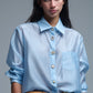 Silky Loose Shirt With Button Medley in Blue