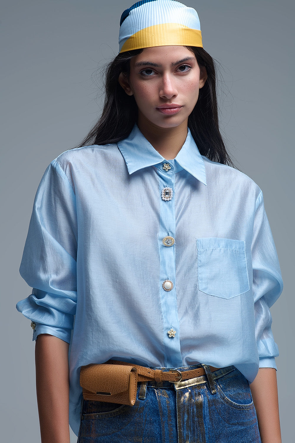 Silky Loose Shirt With Button Medley in Blue