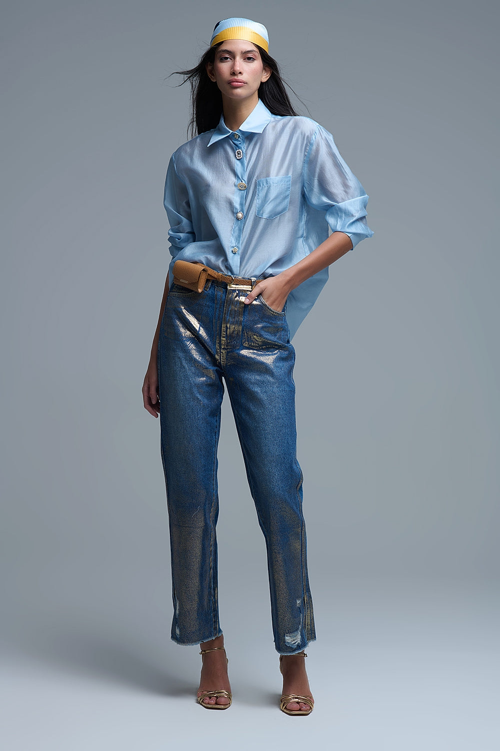 Silky Loose Shirt With Button Medley in Blue