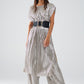 Q2 Silver Pleated Dress With Belt And Short Sleeves