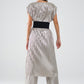 Silver Pleated Dress With Belt And Short Sleeves