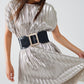 Silver Pleated Dress With Belt And Short Sleeves