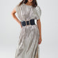 Silver Pleated Dress With Belt And Short Sleeves