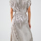 Silver Pleated Dress With Belt And Short Sleeves