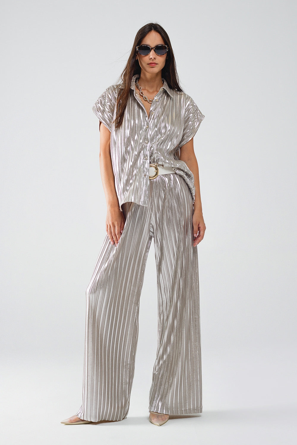 Silver Pleated Pants With Elastic Waistband