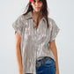 Q2 Silver Pleated Shirt With Short Sleeves