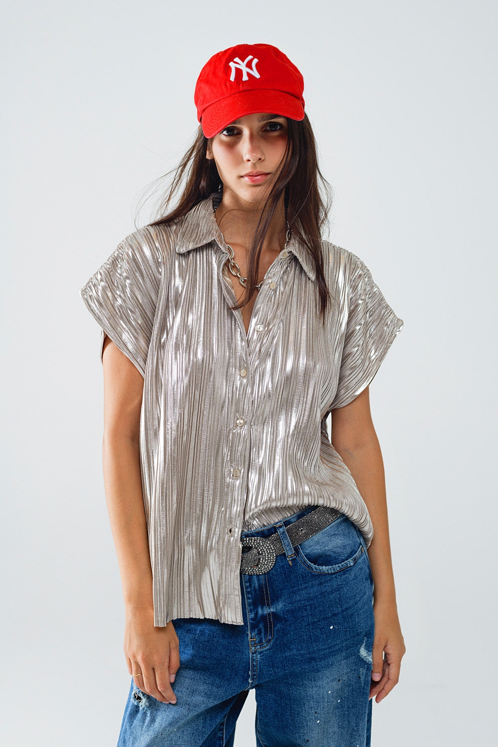 Q2 Silver Pleated Shirt With Short Sleeves