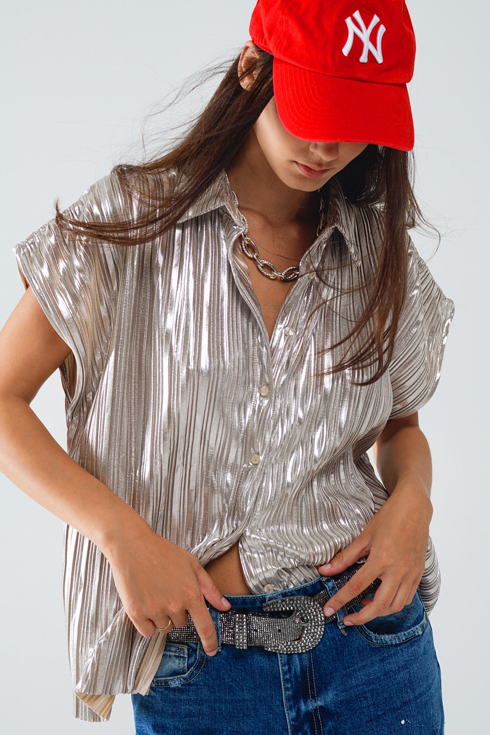 Silver Pleated Shirt With Short Sleeves