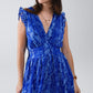 Skater Dress With Cinched Waist in Snake Blue Print With Gold Lurex Thread