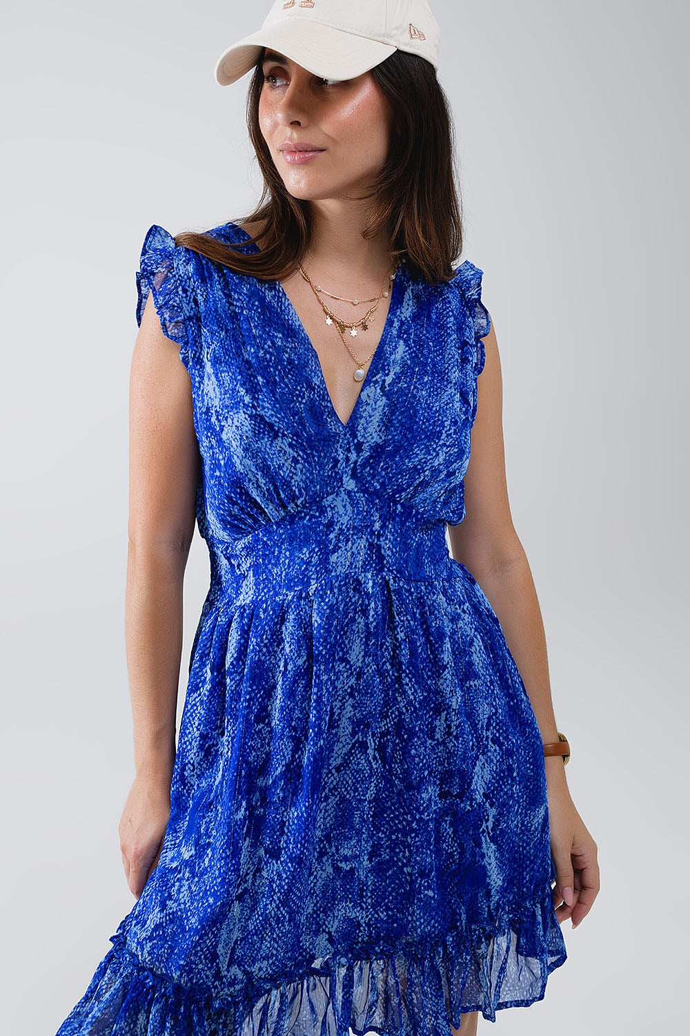 Skater Dress With Cinched Waist in Snake Blue Print With Gold Lurex Thread