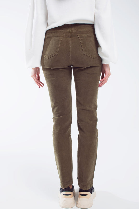 skinny cord pants in olive green