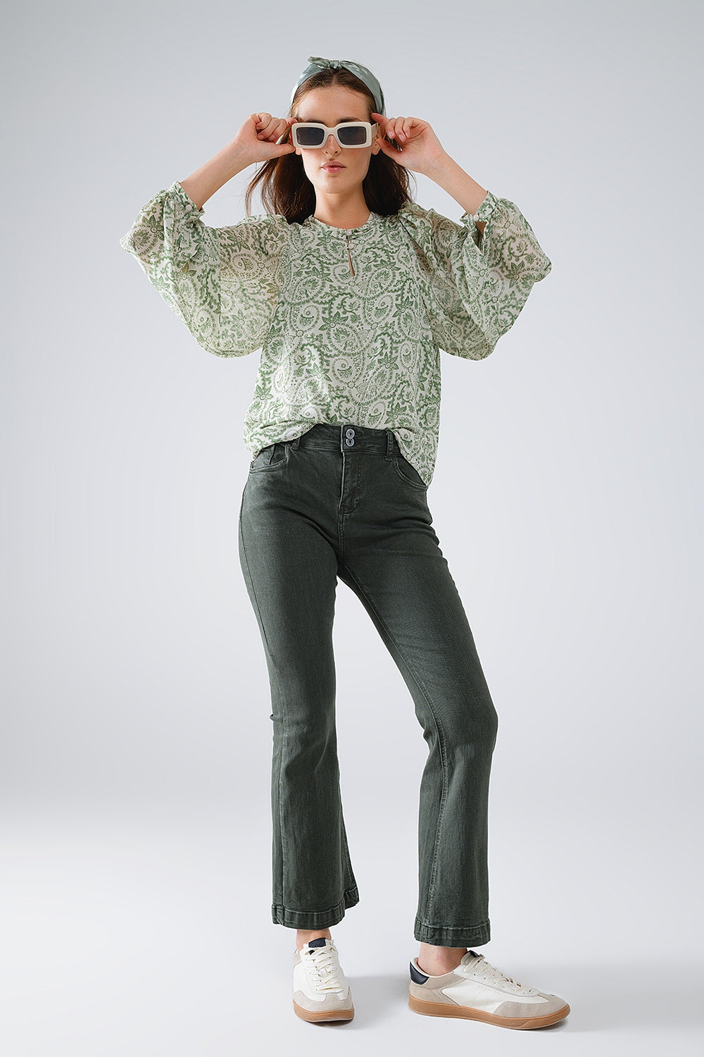 Skinny Flared Jeans With Double Button Detail in Khaki