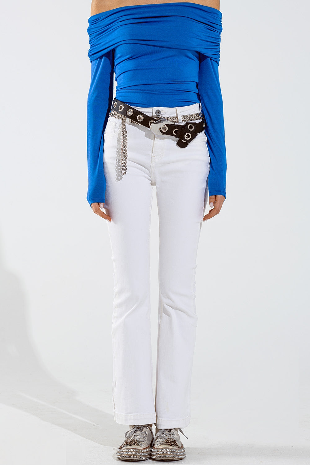 Q2 Skinny Flared Jeans With Double Button Detail in White
