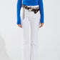 Q2 Skinny Flared Jeans With Double Button Detail in White