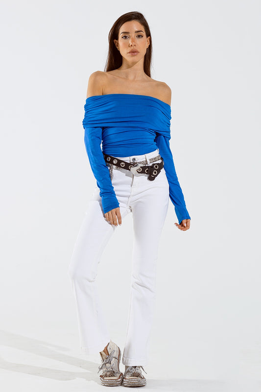 Skinny Flared Jeans With Double Button Detail in White
