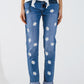 Q2 Skinny Jeans With Printed White Daisys In Mid Wash