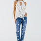 Skinny Jeans With Printed White Daisys In Mid Wash