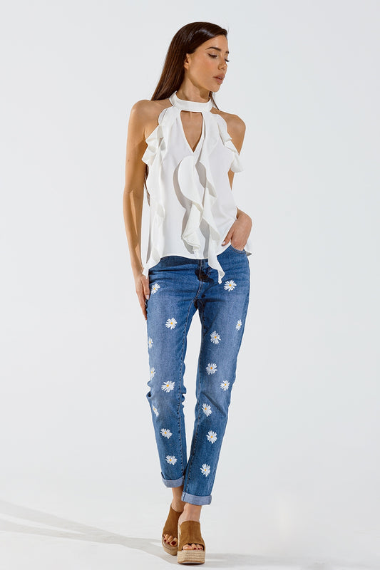Skinny Jeans With Printed White Daisys In Mid Wash